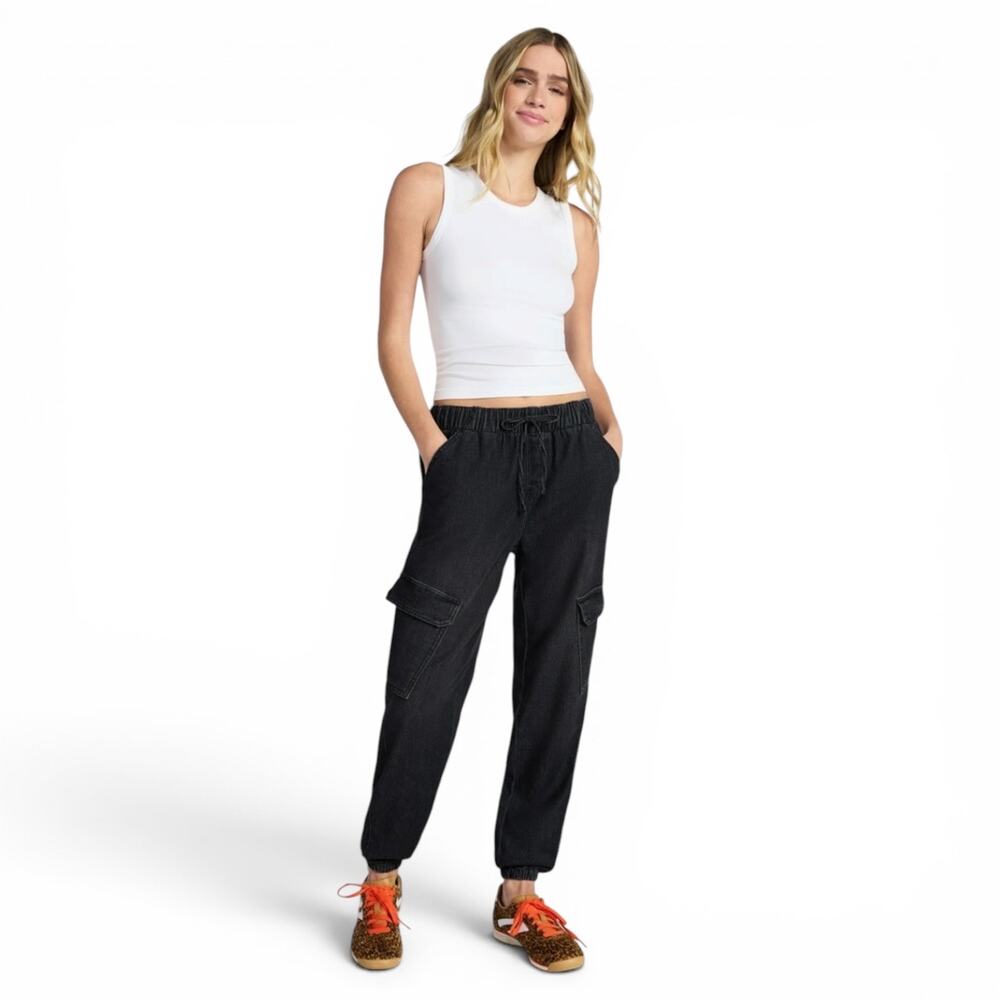 NEW No Boundaries Black Elastic Waist Denim Cargo Jean Joggers Women's Size XXL